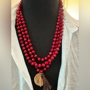 Ruby Red Long Necklace with Gold Coin, Tassel & Crystal, Single, Double, Triple